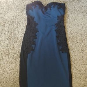 Black and blue strapless midi dress